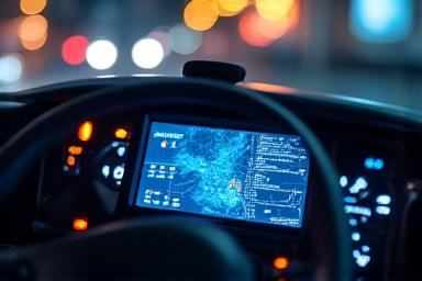 Close up of modern GPS tracking and TMS technology inside a truck cabin