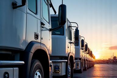 Row of clean modern JASSO Transportation semi trucks