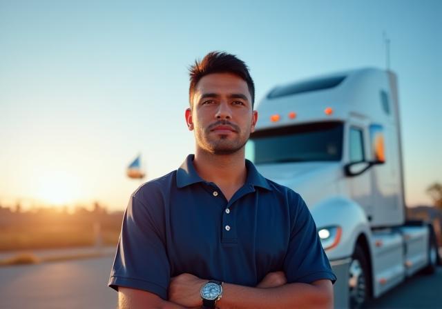 Professional JASSO Transportation driver standing proudly with a modern freight truck in California