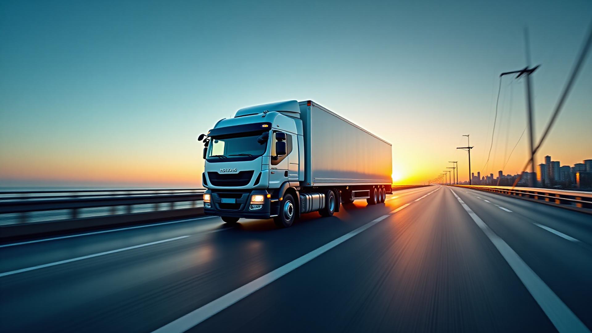 Modern JASSO Freight truck on high-tech highway at sunset